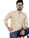 Bhuvikoo Men's Slim Fit Full Sleeve Cotton Beige Color Short Kurta