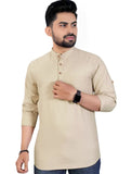 Bhuvikoo Men's Slim Fit Full Sleeve Cotton Beige Color Short Kurta