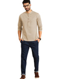 Bhuvikoo Men's Slim Fit Full Sleeve Cotton Beige Color Short Kurta